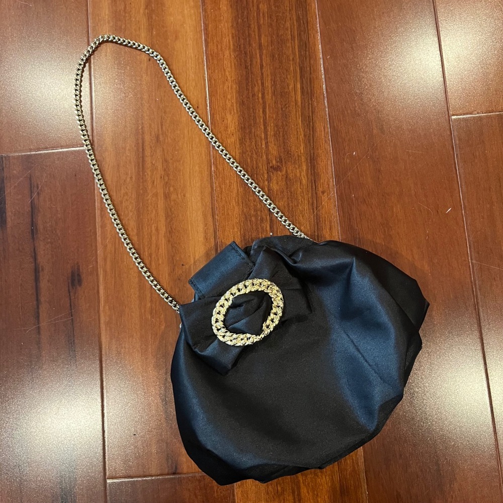 Betsey Johnson Black Bag Purse Satin Evening Gold Chain Bow Pouch Accessory